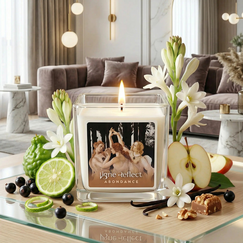 bougie parfumee parfum abondance univers sophistiquee avec les matieres premieres du parfum 